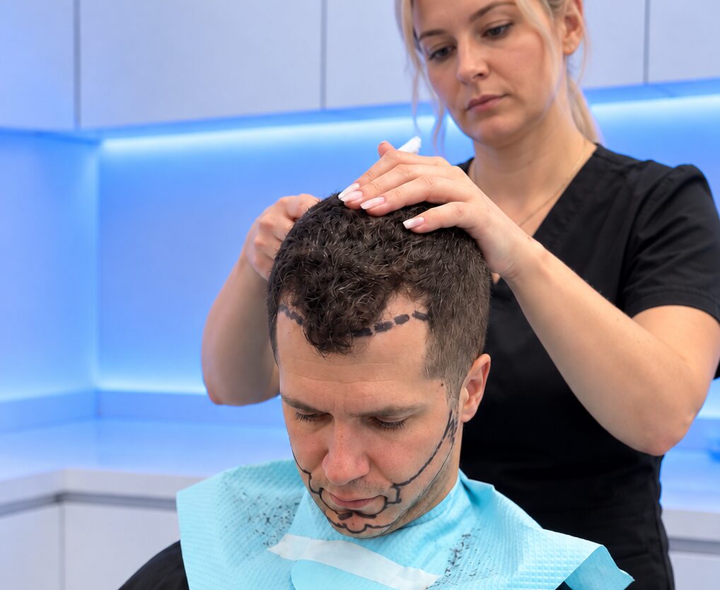 Nova Medical Tennessee team member drawing a beard design on a patient in Nashville