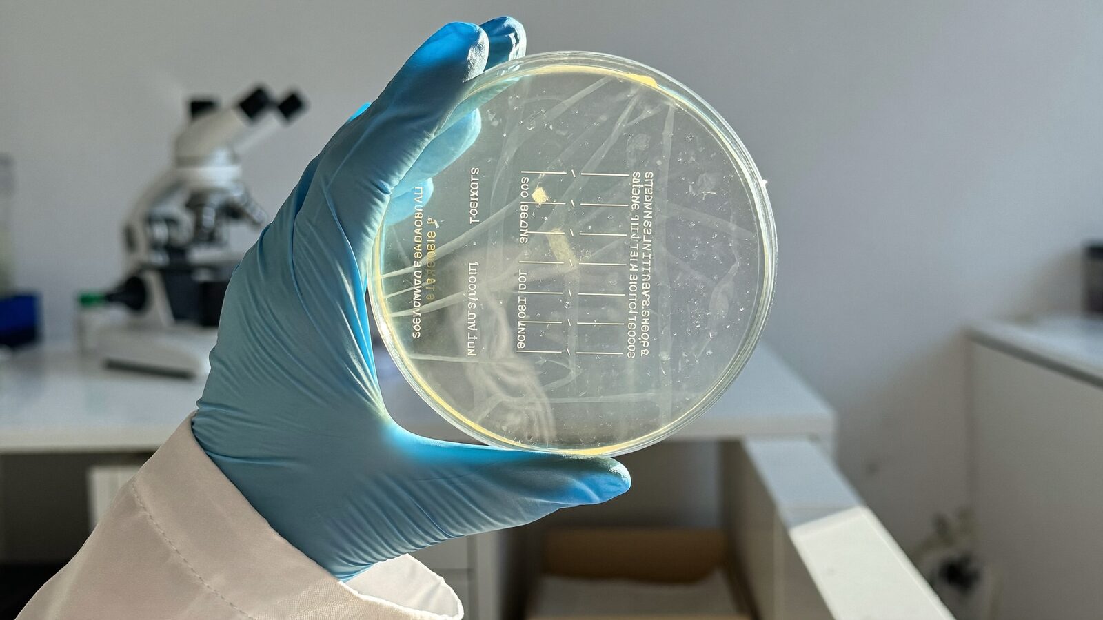 Gloved hand holding a petri dish in a bright research laboratory with a microscope behind