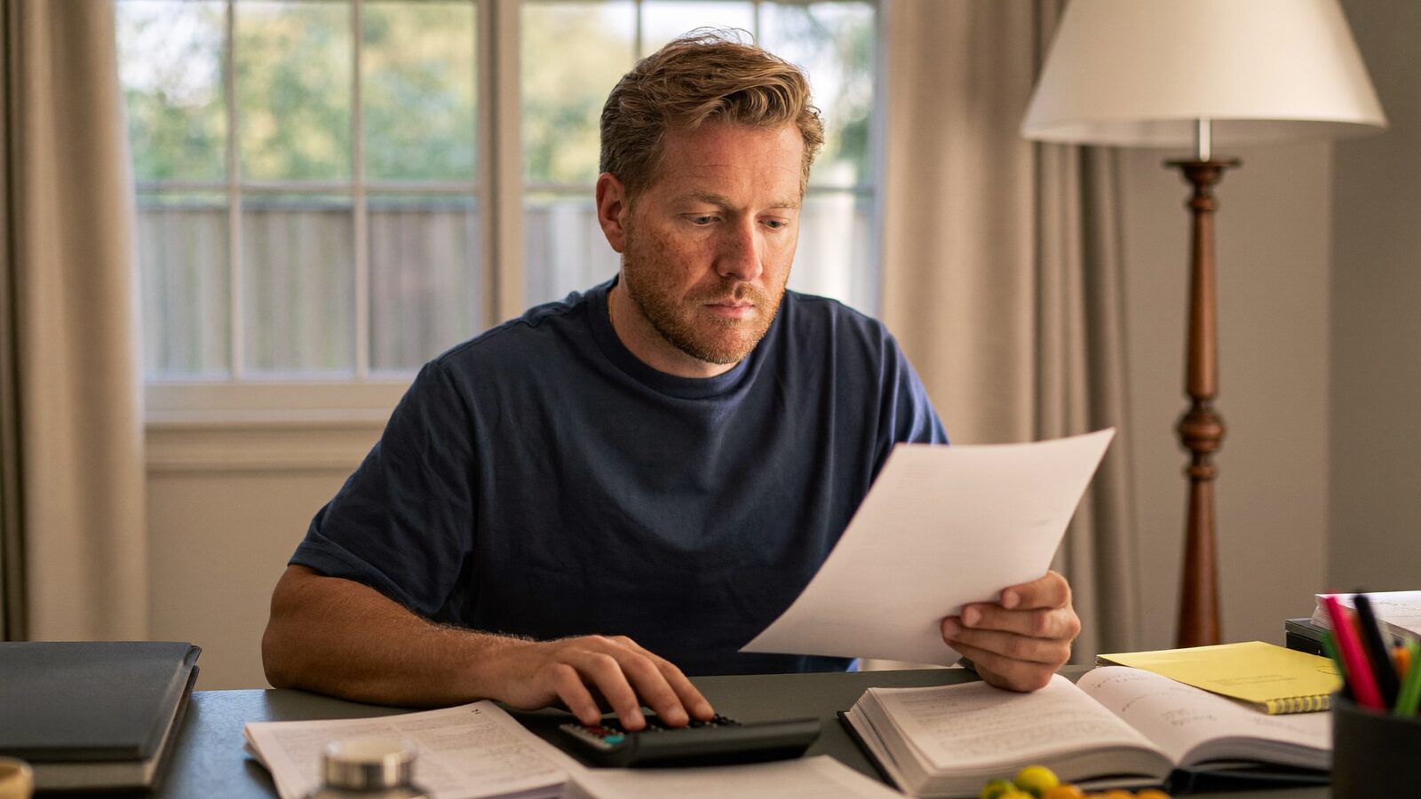 Man in his 40s reviewing paperwork with a calculator at a home desk