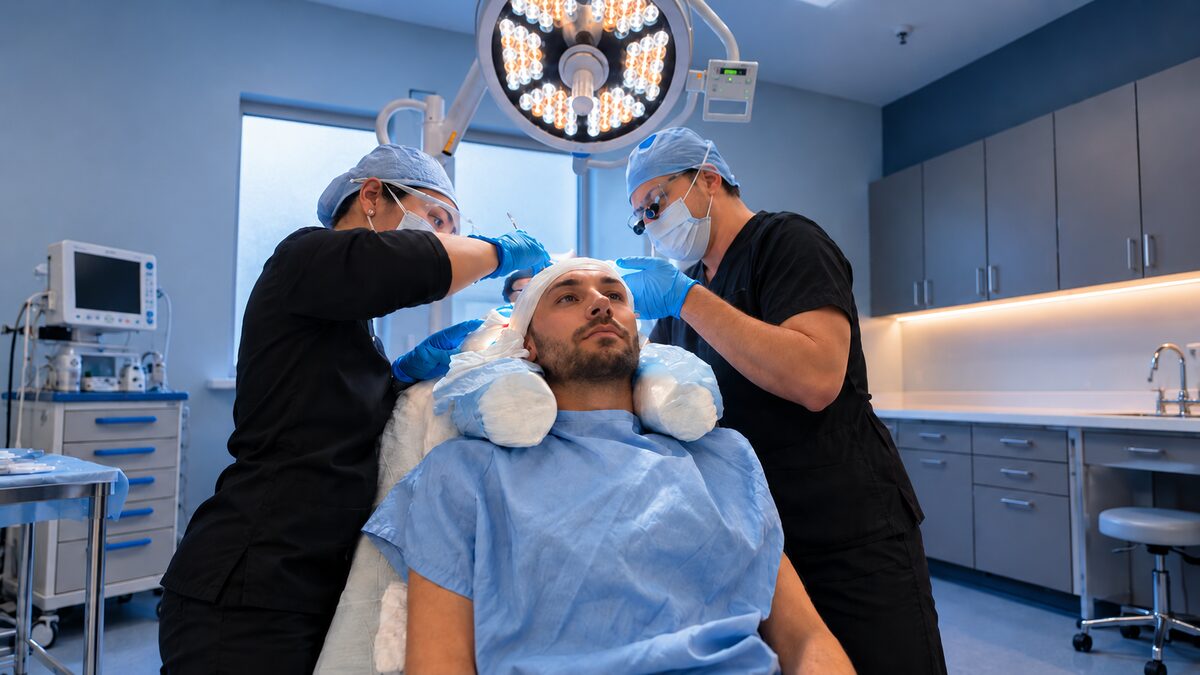 Hairline being marked and reviewed before a DHI hair transplant at Nova Medical Tennessee