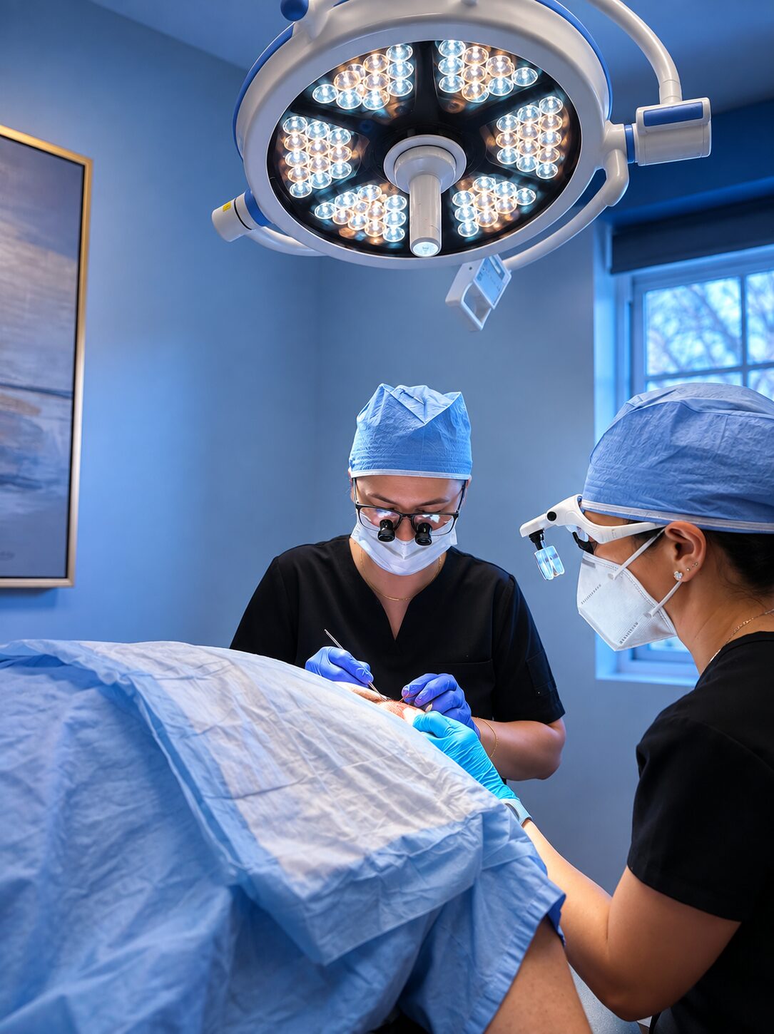 Clinical team placing grafts for a woman at Nova Medical Hair Transplant Tennessee in Nashville