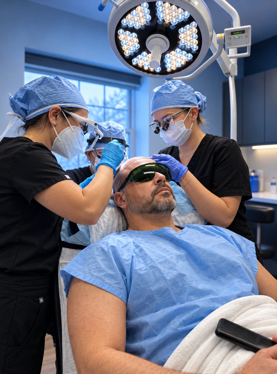 Technician placing grafts under magnifying loupes during an FUE procedure at Nova Medical Tennessee
