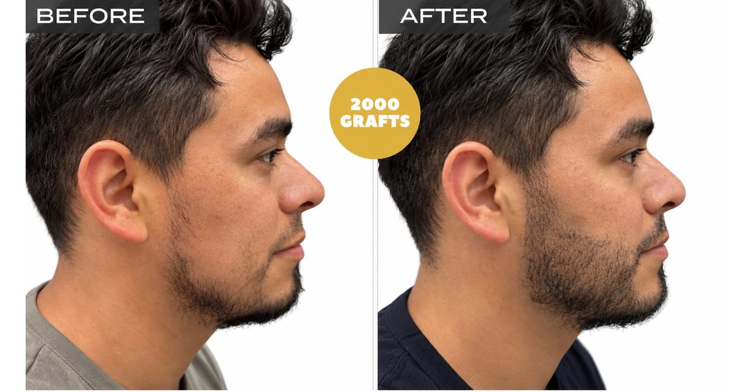 Side view before and after of a beard transplant along the cheeks and jaw using 2,000 FUE grafts, Nova Medical Tennessee