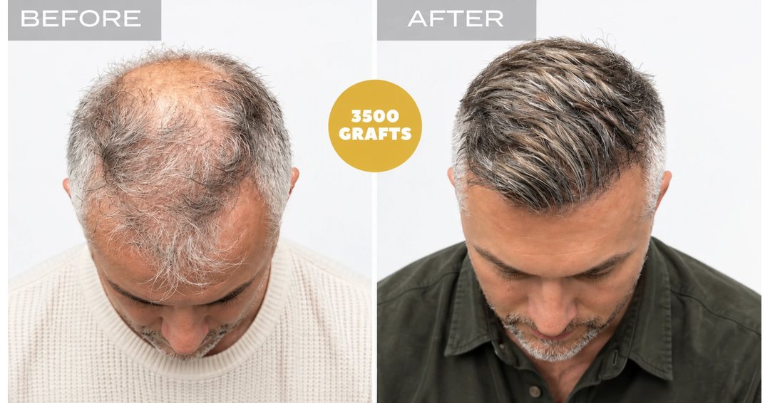 Before and after of crown and top-of-head density work using 3,500 FUE grafts at Nova Medical Tennessee