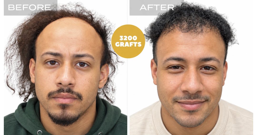 Front view before and after of a curly hairline rebuilt using 3,200 FUE grafts at Nova Medical Tennessee