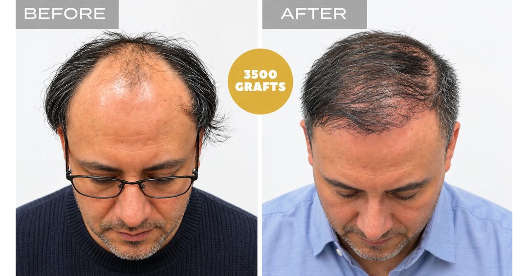 Advanced thinning across the front and mid-scalp treated with 3,500 FUE grafts, before and after, Nova Medical Tennessee