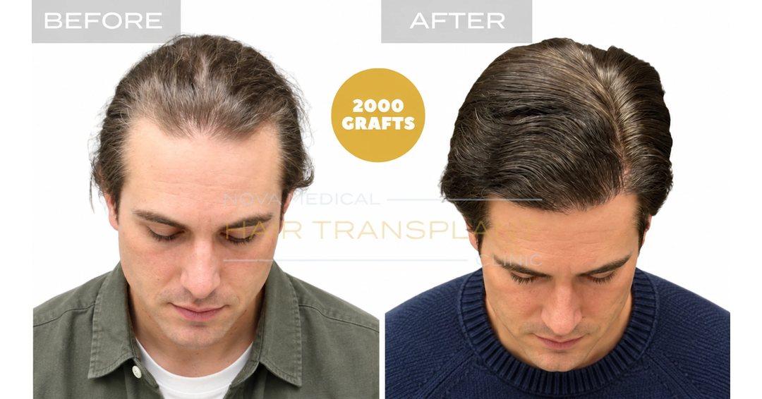 Before and after of a hairline and frontal density restoration with 2,000 FUE grafts at Nova Medical Tennessee