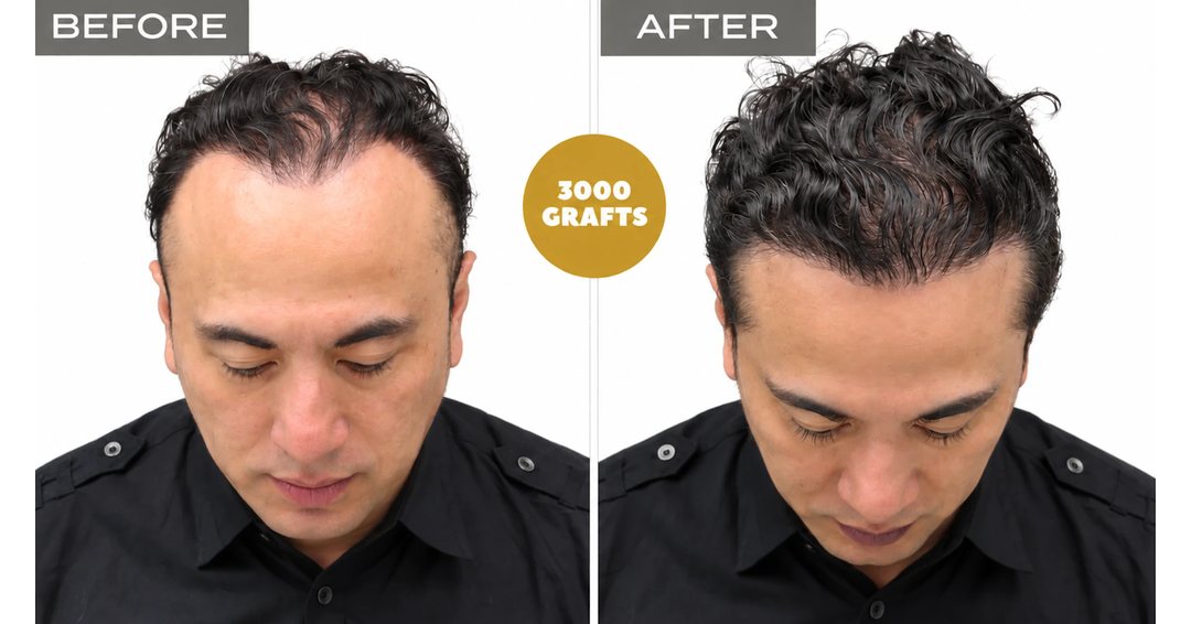 Wavy-haired patient before and after a 3,000-graft FUE hairline restoration at Nova Medical Tennessee